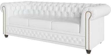 S-Style Möbel George Sofa 3-Sitzer Chesterfield-Sofa Mit Schlaffunktion für Wohnzimmer Couch Aus Veganem Leder Möbel Freistehende Polster Sofas & Couches Couchgarnitur Weiß 203 x 86 x 72 cm