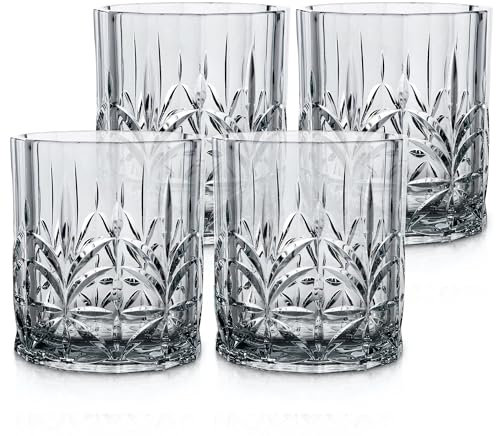 BELLAFORTE Shatterproof Tritan Plastic Short Tumbler, Set of 4, 13oz - Myrtle Beach Unbreakable Crystal Cut Old Fashioned Drinking Glasses for Party, Gifting - BPA Free - Dishwasher Safe - Smok Grey