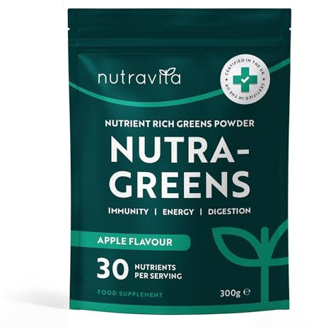 Nutravita Super Greens Powder - 23 Advanced Vegan Ingredients - Greens, Vitamins and Superfoods - Probiotic Blend for Gut Health - UK Made - 30 Servings (Apple Flavour)