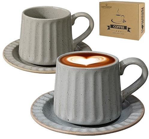 KOPYFANTAP Set di 2 Tazze da Cappuccino con Piattini in Ceramica, Vintage Grande Tazze da Caffè con Piattino, 300ML, Fatto a Mano, Due Colori Diversi, Grigio Misti