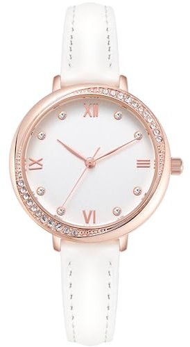 NUOVO Damenuhren Rose Gold Gehäuse Weiß Lederarmband Mode Uhren Weiß Gesicht Frauen Diamant Kristall Lünette Quarz Klassische Frauen Uhr