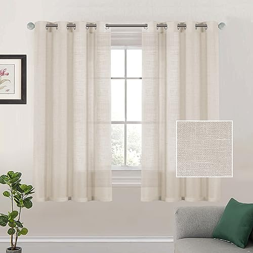 Tenger Home Natur Leinen Gardinen Transparent Vorhänge Voile Gardinen Wohnzimmer Halbtransparent Leinengardine mit Kräuselband Linen Curtains Wohnzimmer 2er Set (Leinenfarbe, B 120 x H 120 cm)