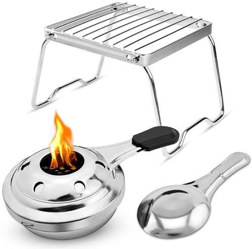 SDwfxd 1 quemador de fondue de acero inoxidable, 1 rejilla plegable portátil, mini quemador de alcohol, quemador de alcohol para exteriores, camping, pícnic, cocina