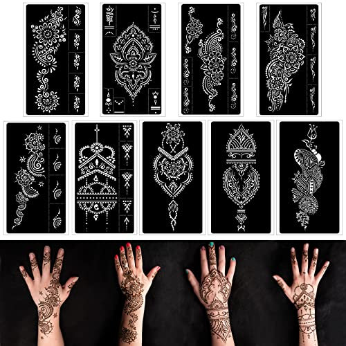 9-teiliges Henna-Tattoo-Schablonen-Set, wiederverwendbare Henna-Schablonen für Hand, Unterarm, Glitzer, Airbrush, DIY, Tattoo-Vorlage, indische temporäre Tattoo-Aufkleber für Frauen und Mädchen (20,8