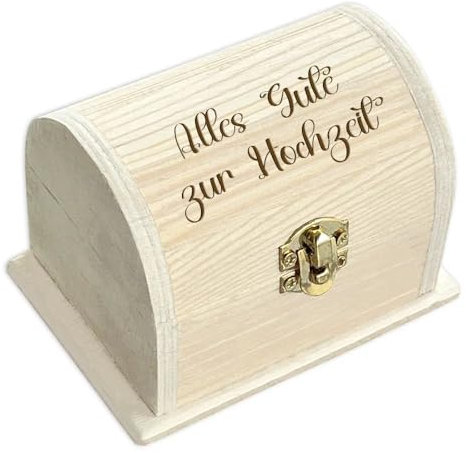 Geldgeschenk kleine Schatztruhe 'Alles Gute zur Hochzeit' – Personalisierte Holzkiste für Gutscheine, Geldscheine, Kleingeschenke, 10,5x6,5x7cm mit Gravur, Scharnier & Metallschloss, Hochzeitsgeschenk