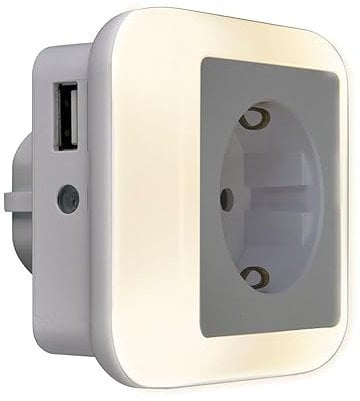 MeLiTec LED Steckernachtlicht N22 mit Dämmerungssensor, integrierter Steckdose & USB-Ladeanschluss. 3 Lichtfarben, integrierter Kindersicherung, weiß