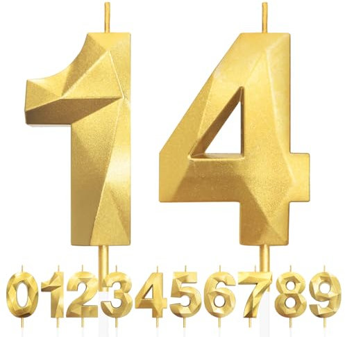 Geburtstagskerzen Zahlen 14, 5cm 3D Gold Geburtstagskerzen, Kerzen Geburtstag, Zahlenförmige Kerze, Tortendeko Geburtstag für Geburtstag Party, Hochzeiten, Jubiläen, Birthday Candle Nummer 14