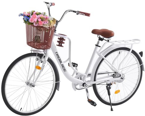 LSLIFE 26 Inch Vintage Ladies Bike with Basket 7 Speed, Lightweight City Bicycle Retro Bicycle Rear Rack Adjustable Handlebar and Seat Disc Brake White Urban Bike for Women Girls (26 Inch)