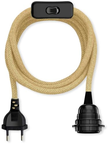TECHZOCO Portalámpara E27 con Interruptor, Adaptador de lámpara, Base para Bombilla e27, Enchufe + Interruptor ON/Off, Cable 1.80 Metros, Casquillo E27, Diseño Vintage, máx. 60W, Trenzado, Beige