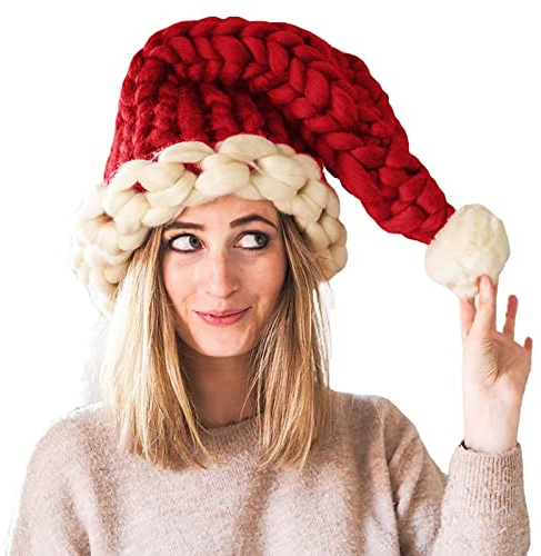 Weihnachtsmütze Erwachsene Winter Wolle Gestrickte Weihnachtsmütze Nikolausmütze mit Bommel Warm Dicker Fellrand Weihnachtsmann mütze für Herren/Damen (A, One Size)