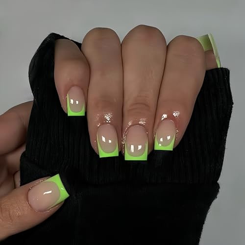 SXVME 30 Pcs Acrylic Press on Nails Short Square, Light Green French Tip False Nails Short Coffin, Natural Nude Fake Nails Set Classic Soft Gel Stick on Nail for Women Daily Wedding Wear