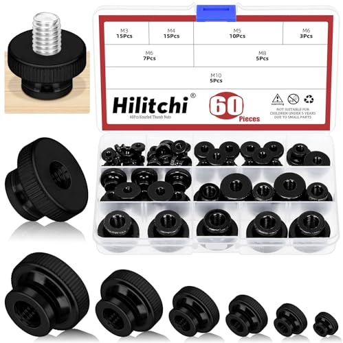 Hilitchi 60PCS 6 Sizes Knurled Thumb Nuts Assortment Kit M3 M4 M5 M6 M8 M10 Adjusting Round Knobs Fasteners Nuts Black Zinc Carbon Steel Knurled Nut High Head Through Hole for 3D Printer Parts