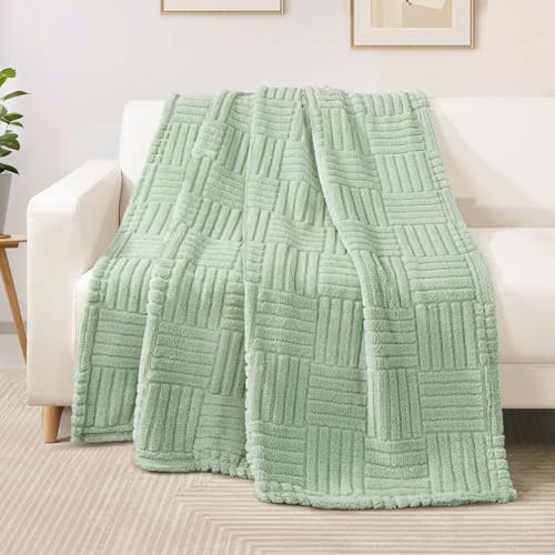 Whale Flotilla Plaid Couverture Polaire, Jeté de Canapé, Couverture Douce et Chaude, avec Motif Jacquard Décoratif pour Toutes Les Saisons, 130 x 150 cm, Vert Clair