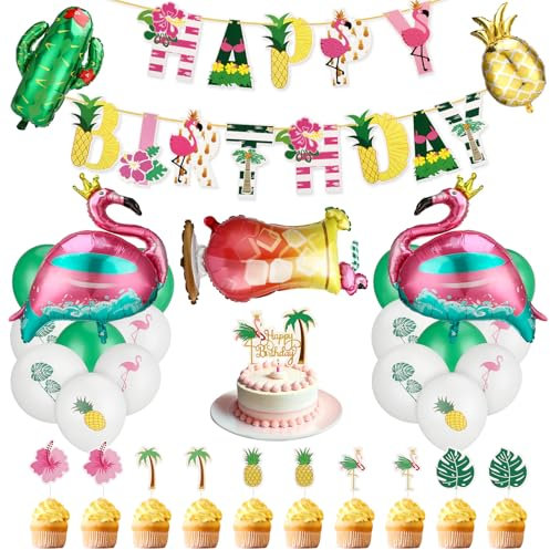 taonganui Hawaii Party Deko, Flamingo Geburtstags Deko, Folienballon Flamingo Frucht, Hawaii Dekoration Set für Geburtstagsfeier, tropische Strandparty im Sommer