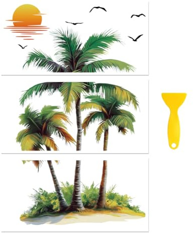 Peacoblue Aufkleber für Möbel 3Pcs Palmen und Sonnenuntergang 15cmx30cm, UV DTF Wasserdichter Japanischer Möbelfolie-Transfer für Kommoden, Glas, Porzellan, Holz, Kunststoff