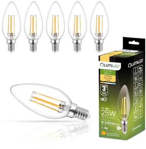 Lumiled B35 E14 LED Lampe 2W (ersetzt 25W), 249Lumen, Vintage Filament Klar Glas Leuchtmittel Kerze Kerzeform 3000K Warmweiß Birne Lampen 360° Strahlwinkel Glühbirnen Kerzenbirnen 6er-Pack