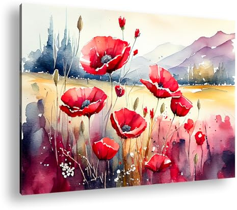deyoli Aquarell-Mohnblumen tanzen in sanfter Landschaft. Format:90x60cm XXL Kunstdruck Motiv auf Holzrahmen/Leinwandbild/Wandbild/Wohnzimmer Dekoration