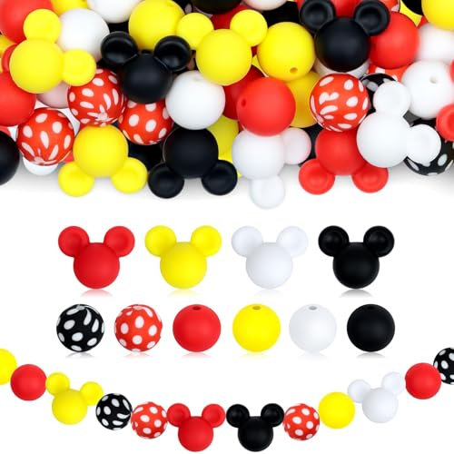 UNOZAVER Lot de 72 perles en silicone avec oreilles de souris multicolores - Perles rondes en silicone de 15 mm pour stylos, bracelets, fabrication de bijoux, porte-clés