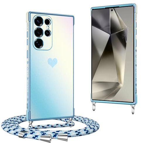 Knrlqim Coque avec Cordon pour Samsung Galaxy S24 Ultra 5G 6.8,Irisé Fluorescent Antichoc Housse,Réglable Collier Lanière Téléphone Étui Lanyard Case Protection Compatible Cover avec Coeur,Bleu