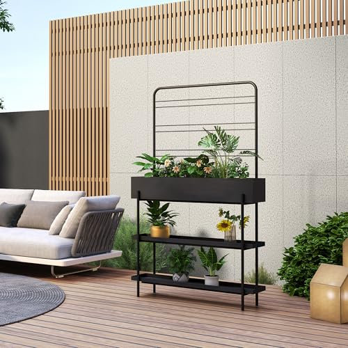 casa.pro Outdoor Pflanzenregal Aalsmeer Pflanzenständer mit Blumenkasten 2 Ablagen Blumenregal aus Metall 154 x 96 x 24 cm indoor Schwarz