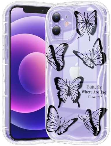 CASBST Compatible for iPhone 12 Case, Pretty Butterfly Print Three-dimensional Wave Clear Case for Girls Women, Soft Full Package Anti-fall Cover for iPhone 12, Black Butterfly