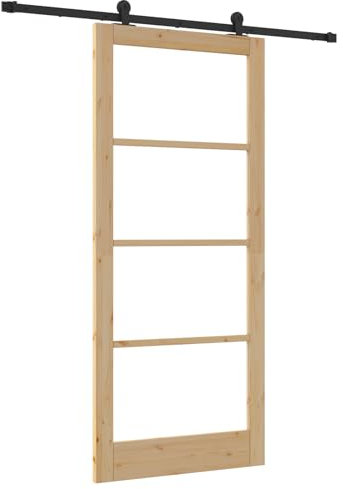 vidaXL Puerta Deslizante Orkdal Madera Sólida de Pino Natural y Cristal 93 X 211 cm con Juego de Riel para Uso Interior Rústico Barn Ahorro de Espacio
