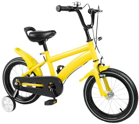 GANYUNG 14 Inch Kids Bike, Beginner Bike with Training Wheel Stabilisers & Bell, Outdoor Indoor Bike for 3-7 Years Boys & Girls, Carbon Steel Bicycle with Adjustable Seat, White