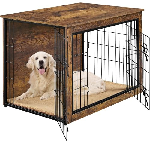 Yaheetech Large Dog Crate Furniture 96 x 65 x 67.5 cm, Rustic Brown | Double Door, Anti-slip Plush Mat, Side Table Design, For S/M/L Dogs, Wooden Finish