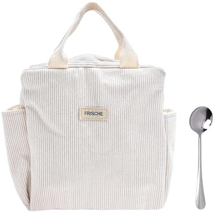 VOSSOT Kühltasche Lunchtasche, Wiederverwendbare isolierte Lunchbox, 12L Lunch Tasche Unterwegs Leichte Großer Kapazität Picknicktasche für Picknick Schule Arbeit, mit ein Löffel(Beige Cord)