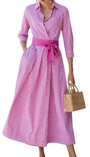 Robe chemise maxi boutonnée à carreaux rétro pour femmes, robe longue à poches vichy à manches 3/4 avec ceinture (Rose,TTG)