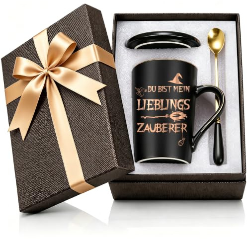 Lustige Tasse mit Spruch „Du bist mein Lieblings Zauberer“ – Geschenk für Freunde oder Freundin | 400 ml Kaffeebecher in Schwarz mit Golddruck & Geschenkbox | Geschenkidee zu Weihnachten