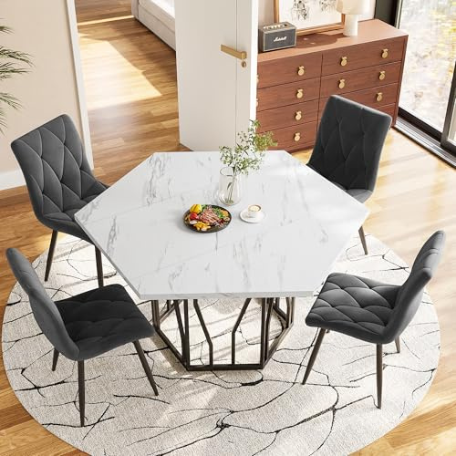 Easexcy 115,5x100x75cm Moderner sechseckiger Marmor-Esstisch, schwarzes Metallzweiggestell, Schlichter ästhetischer Couchtisch