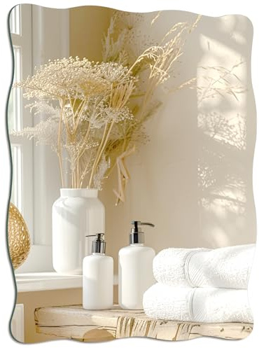 TSKDKIT Wall Mirror 40 x 30 cm Stick On Mirror for Walls, Self Adhesive Frameless HD Glass Wavy Mirrors for Bathroom, Hallway, Bedroom