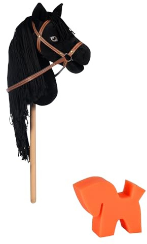RL24 - HKM Kids Hobby Horse Mini inkl. Putzschwamm – Schwarz (Donner) | Steckenpferd mit Holzstock, Mähne & Trense – Stockpferd ohne Griffe & Rollen