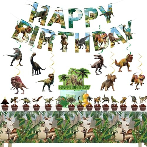 ZenyTra Dinosaurier Geburtstagsdeko Komplettset inkl. Tischdecke | 34-teiliges Set mit Happy Birthday Banner, Kuchen-Topper, Hängespiralen & Dino Dekoration | Für Kinder Dino Mottoparty