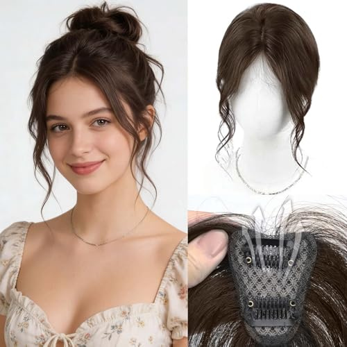 EREE HAIR Echthaar-Topper für Frauen mit dünner werdendem Haar, S-förmiger Vorhangfransen, lockiges Toupet zum Anklippen mit handgefertigter Spitzenbasis, für mehr Volumen, Mokkabraun