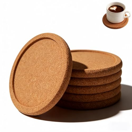 osutetoxo 6 Piece Round Cork Coasters with Edge, Absorbent Cork Coasters for Glasses and Cups, Heat-Resistant Surface Protector Against Stains, a Thoughtful Gift