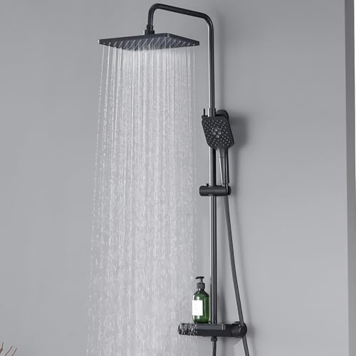 Auralum Duschsystem mit Thermostat und Glasablage, Duscharmatur Komplettset mit 12 Zoll Regendusche Kopfbrause, 3 Strahlarten Duschkopf Wassersparend, Höhenverstellbare Duschstange, Eckig, Schwarz