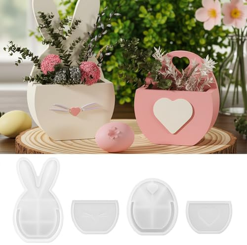 Silikonformen Gießformen Ostern Kaninchen-Blumenkorb Blumenarrangement Harz-Gussform Herzförmiger Blumenkorb Gipsornament Silikonform für DIY Osterdeko Handwerk, Geldgeschenk, Ornament