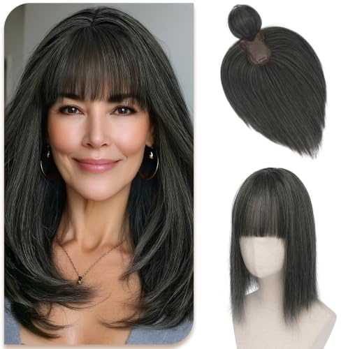 Sofeiyan Haar Toppers für Frauen,30 cm Glattes Clip in Haar-Topper mit Pony,Silver Grey & White 62 g Synthetische Haarteile für Dünnes,8 * 12cm Realistische Kopfhaut Haarstücke Geeignet Kahl
