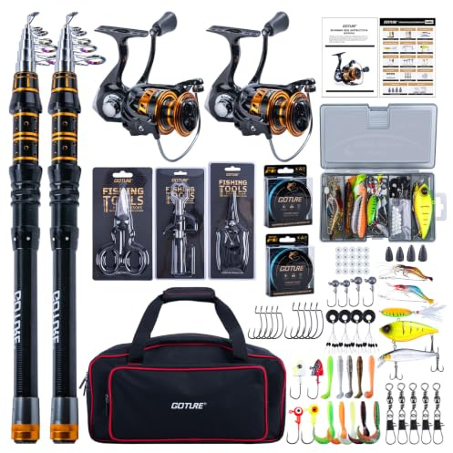 Goture Set Pêche 2 Cannes Télescopiques Carbone 24T 1.8-2.7m+Moulinet 9+1BB