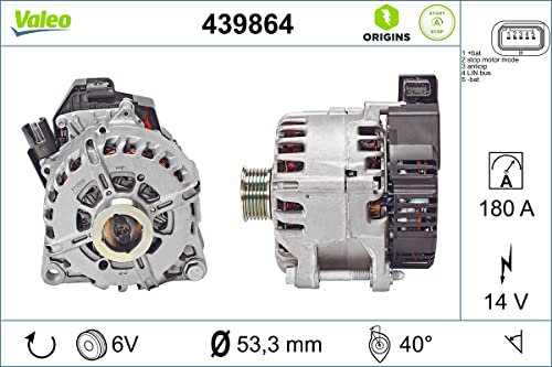 VALEO-439864-Alternador- Intensidad de carga del alternador: 210 Amp - Estrías: 6 estrías - Polea de correa: 53,3 mm - Tensión: 14 V - Sentido de rotación: CLOCKWISE
