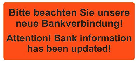 Aufkleber/Etiketten Bitte beachten Sie unsere neue Bankverbindung! / Bank information has been updated! auf Rolle - 56 x 25 mm - 1.000 Stück (Leuchtrot)
