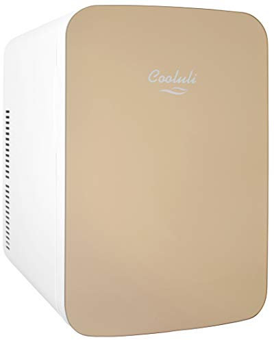 Cooluli 15L Mini Fridge for Bedroom - Car, Office Desk & College Dorm Room - 12v Portable Cooler & Warmer for Food, Drinks, Skincare, Beauty & Makeup - AC/DC Small Refrigerator with Glass Front, Gold