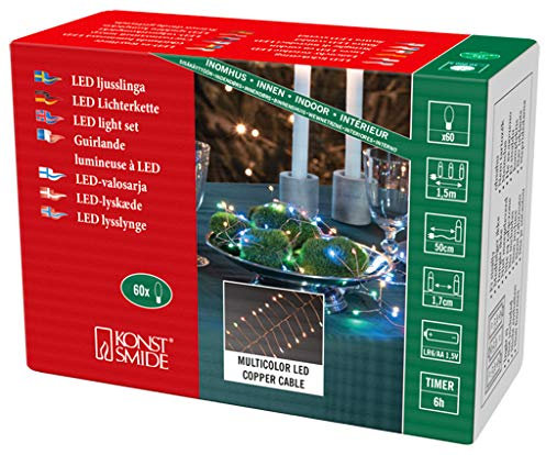 Konstsmide Micro LED Lichterkette, Firecracker, mit 6h-Timer, 60 bunte Dioden, batteriebetrieben, Innen, kupferfarbener Draht - 1465-560