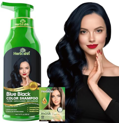 Herbishh Hair Color Shampoo - Magic Long-Lasting Hair Dye for Gray Hair Coloring in Minutes - 500 Ml - 3-In-1 Ammonia-Free Formula (Blue Black)