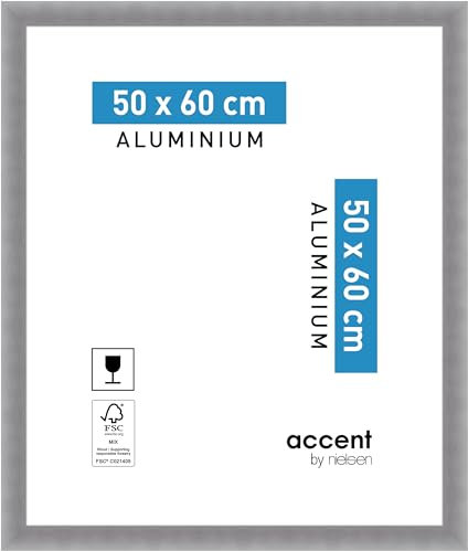 accent by nielsen Bilderrahmen, 50 x 60 cm, Aluminium, Silber matt, Posterrahmen zum Aufhängen im Hoch- & Querformat, Echtglas, Largo