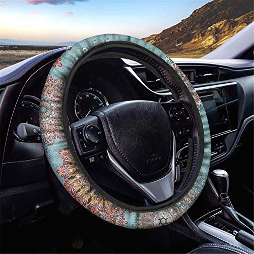 Dolyues Lenkradbezug im Bohemia-Stil, Auto-Lenkradbezug Universalfahren für Damen Frauen Freunde, Automobil-Lenkrad-Dekor Boho-Blume Plumeria Grün