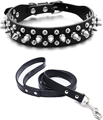 Yiwong Spiked Leather Hundehalsband Leine Set, Bullet Nail Rivet Hundehalsband, Hundehalsband aus Leder mit Nieten, für mittelgroße, Pitbull, englische Bulldogge (S, Schwarz)