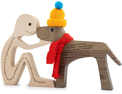 KINGNOW Humen and Dog Bastelfigur, Tischdekoration, Holz, für Männer, Hundemodell, kreative Dekoration für Zuhause, Büro, Geschenk, hübsch mit Hut und rotem Schal (große Größe)